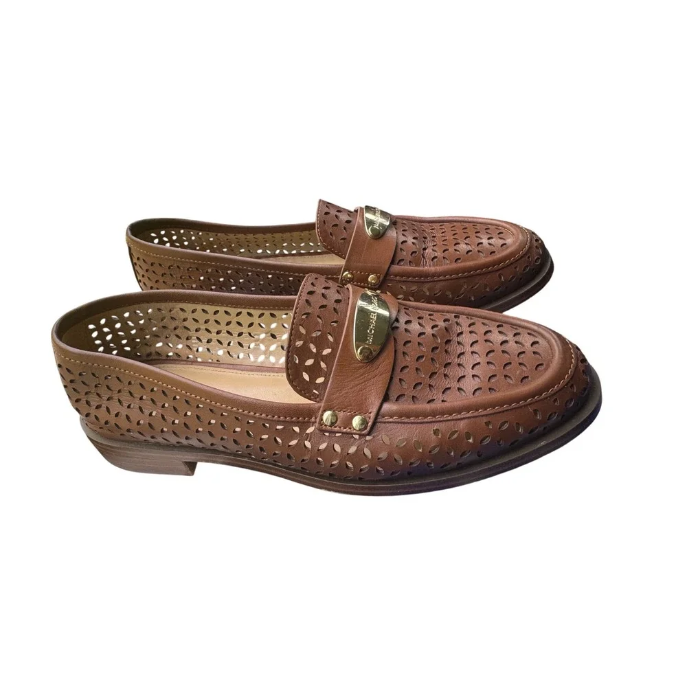 Michael Kors Brown Finley Loafer Mocassins‎ Gold Tone Hardware 7.5 M Laser Cut